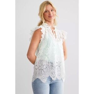 Willow + Root White Floral Lace Flutter Sleeve Tie Neck Top Buckle Medium Boho